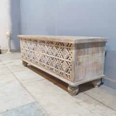 Handmade Indian Furniture Solid Hard Wood Carved Blanket Box 120x40x45 Cm Whitewash