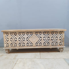 Handmade Indian Furniture Solid Hard Wood Carved Blanket Box 120x40x45 Cm Whitewash
