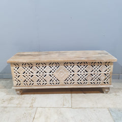 Handmade Indian Furniture Solid Hard Wood Carved Blanket Box 120x40x45 Cm Whitewash
