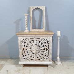 Indian Furniture Hand Carved Solid Wood Cabinet 90x40x90 Cm Whitewash