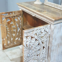 Indian Furniture Hand Carved Solid Wood Cabinet 90x40x90 Cm Whitewash