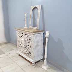 Indian Furniture Hand Carved Solid Wood Cabinet 90x40x90 Cm Whitewash