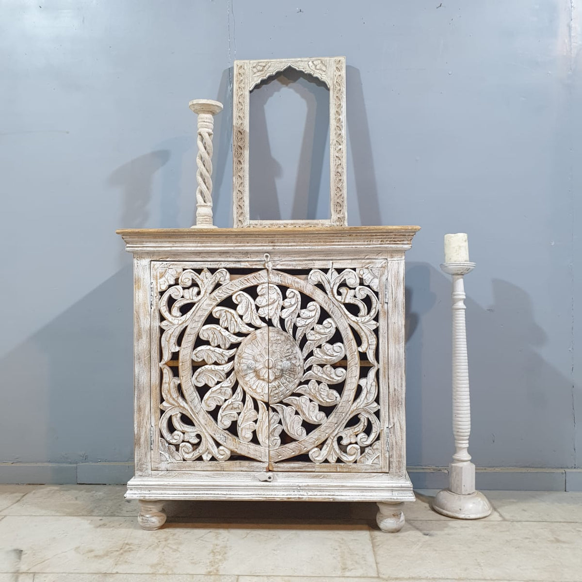 Indian Furniture Hand Carved Solid Wood Cabinet 90x40x90 Cm Whitewash