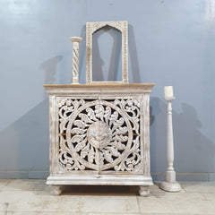 Indian Furniture Hand Carved Solid Wood Cabinet 90x40x90 Cm Whitewash