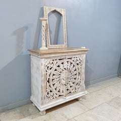 Indian Furniture Hand Carved Solid Wood Cabinet 90x40x90 Cm Whitewash