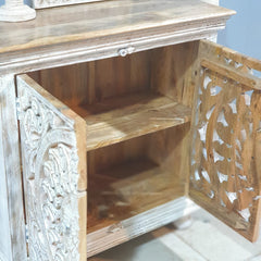 Indian Furniture Hand Carved Solid Wood Cabinet 90x40x90 Cm Whitewash