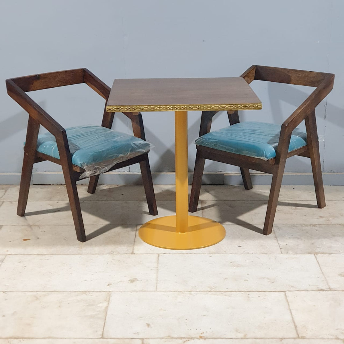 Metal Pedestal With Wooden Top Dining Table Set 17