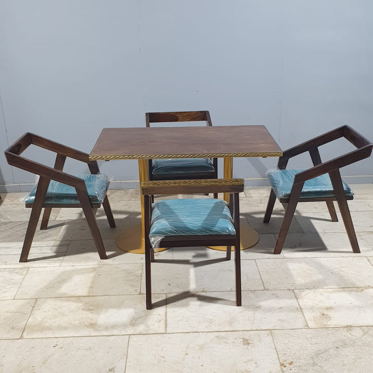 Metal Pedestal With Wooden Top Dining Table Set 18