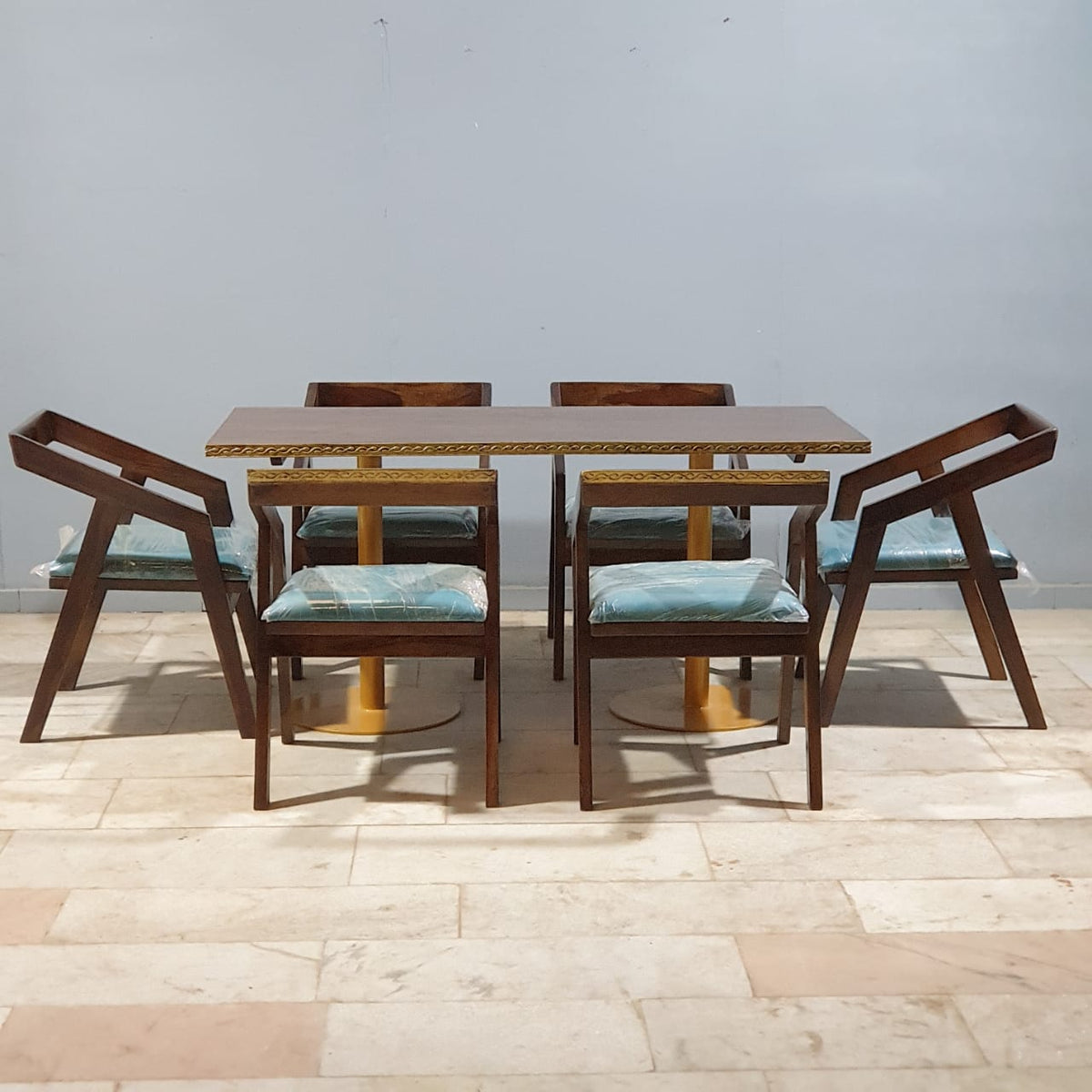 Metal Pedestal With Wooden Top Dining Table Set 16