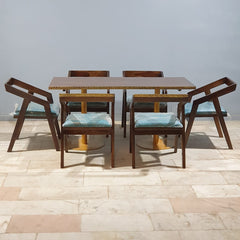 Metal Pedestal With Wooden Top Dining Table Set 16