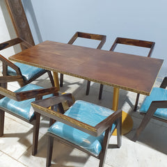 Metal Pedestal With Wooden Top Dining Table Set 16