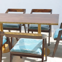 Metal Pedestal With Wooden Top Dining Table Set 16