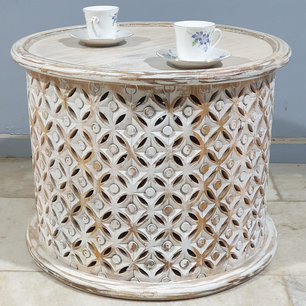 Bristol Indian Solid Mango Wood Round Coffee Table Whitewash C86