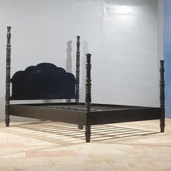 Colonial Handmade Carved Solid Wood 4 Post Queen Size Bed Black