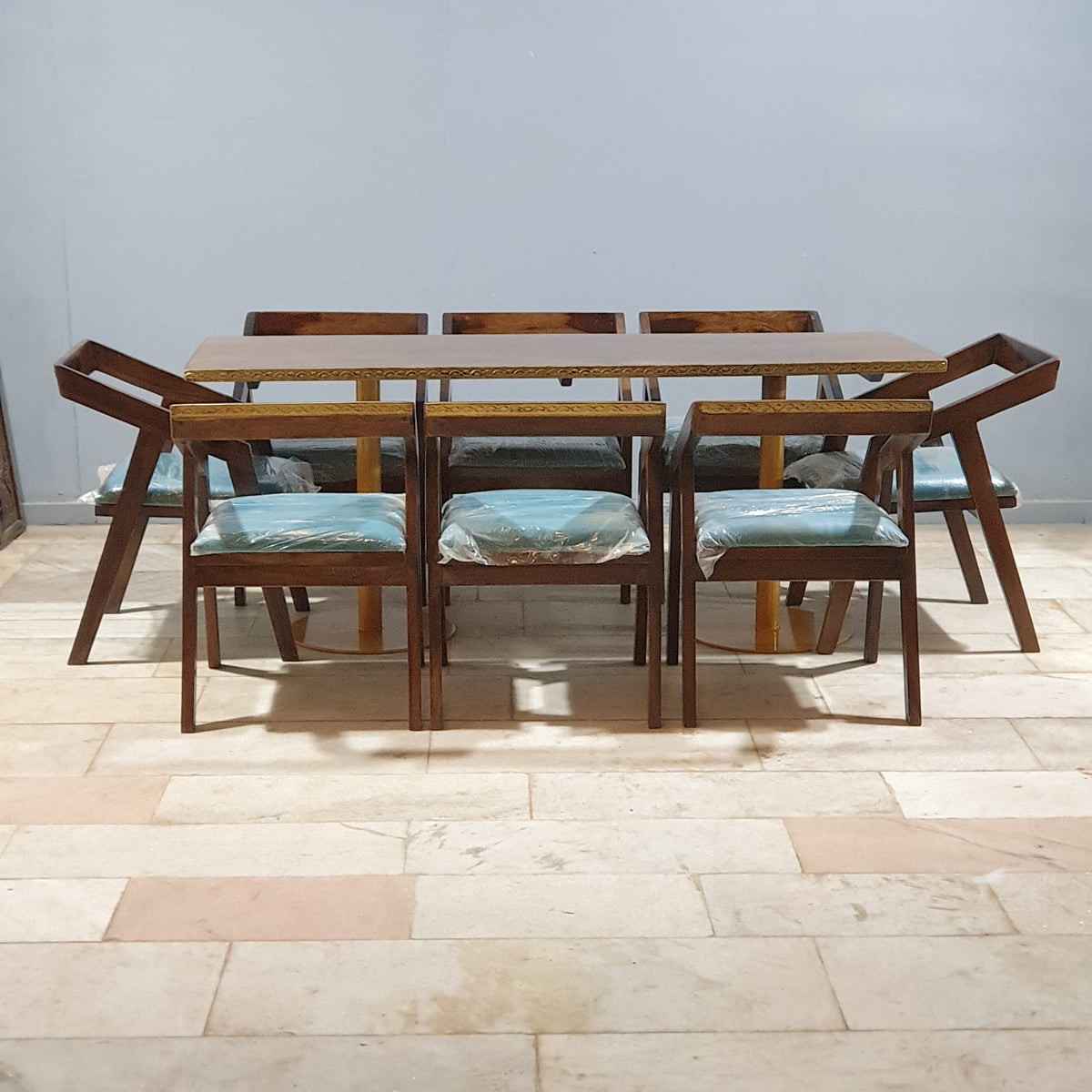 Metal Pedestal With Wooden Top Dining Table Set 15