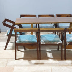 Metal Pedestal With Wooden Top Dining Table Set 15