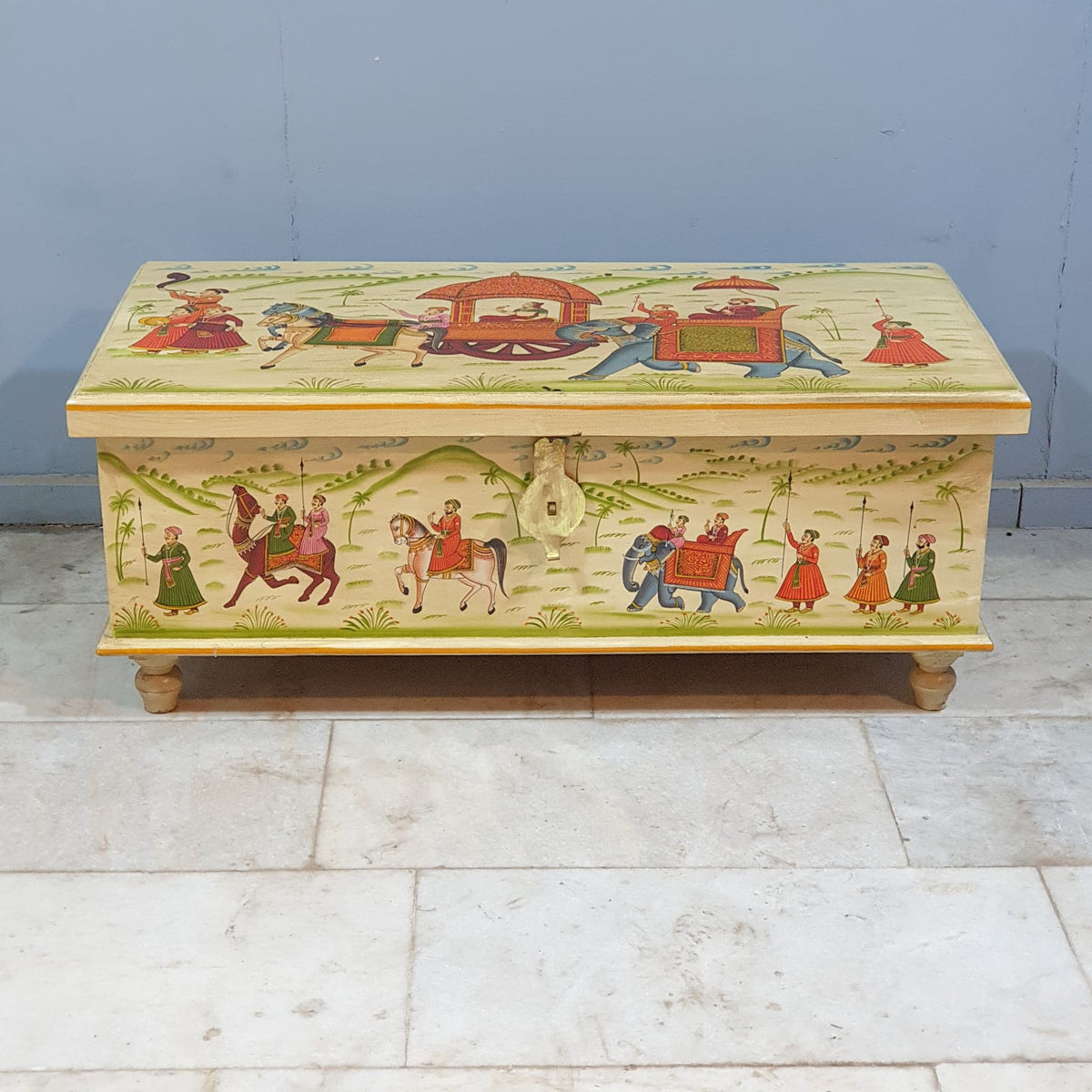 Indian Mughal Hand Painted Solid Wood Trunk Blanket Box Chest C21
