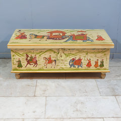 Indian Mughal Hand Painted Solid Wood Trunk Blanket Box Chest C21