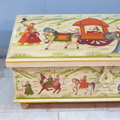 Indian Mughal Hand Painted Solid Wood Trunk Blanket Box Chest C21