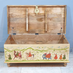 Indian Mughal Hand Painted Solid Wood Trunk Blanket Box Chest C21