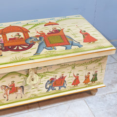 Indian Mughal Hand Painted Solid Wood Trunk Blanket Box Chest C21