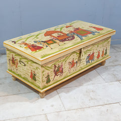 Indian Mughal Hand Painted Solid Wood Trunk Blanket Box Chest C21