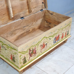 Indian Mughal Hand Painted Solid Wood Trunk Blanket Box Chest C21