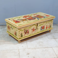 Indian Mughal Hand Painted Solid Wood Trunk Blanket Box Chest C21