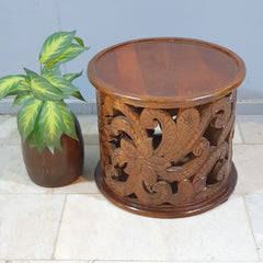 Hand Carved Indian Mango Wood Round Coffee Table 60X60X50CM