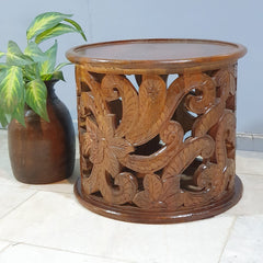 Hand Carved Indian Mango Wood Round Coffee Table 60X60X50CM