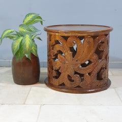 Hand Carved Indian Mango Wood Round Coffee Table 60X60X50CM