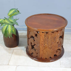 Hand Carved Indian Mango Wood Round Coffee Table 60X60X50CM