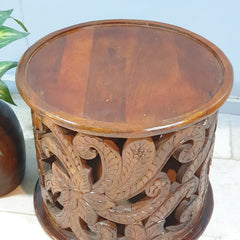 Hand Carved Indian Mango Wood Round Coffee Table 60X60X50CM