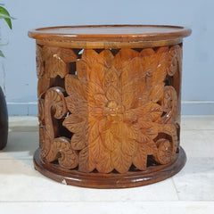 Hand Carved Indian Mango Wood Round Coffee Table 60X60X50CM