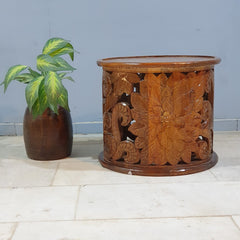 Hand Carved Indian Mango Wood Round Coffee Table 60X60X50CM