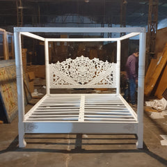 Mughal Hand Carved Indian Wooden Canopy Platform Bed Rustic White