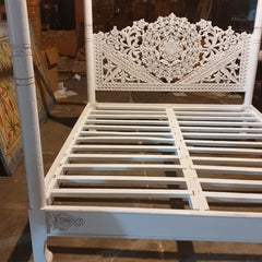 Mughal Hand Carved Indian Wooden Canopy Platform Bed Rustic White