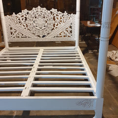 Mughal Hand Carved Indian Wooden Canopy Platform Bed Rustic White