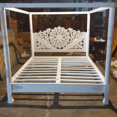 Mughal Hand Carved Indian Wooden Canopy Platform Bed Rustic White
