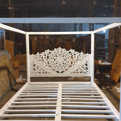 Mughal Hand Carved Indian Wooden Canopy Platform Bed Rustic White