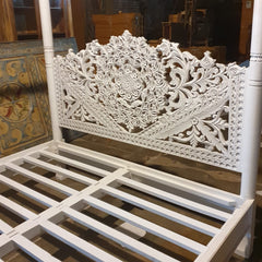Mughal Hand Carved Indian Wooden Canopy Platform Bed Rustic White