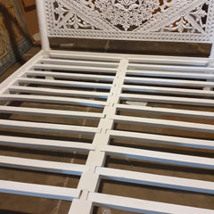 Mughal Hand Carved Indian Wooden Canopy Platform Bed Rustic White