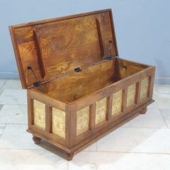 Indian Embossed Buddha Brass Work Solid Wood Blanket Box Coffee Table Chest