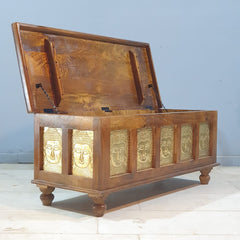 Indian Embossed Buddha Brass Work Solid Wood Blanket Box Coffee Table Chest