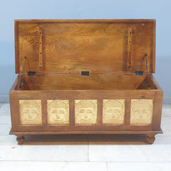Indian Embossed Buddha Brass Work Solid Wood Blanket Box Coffee Table Chest