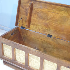 Indian Embossed Buddha Brass Work Solid Wood Blanket Box Coffee Table Chest