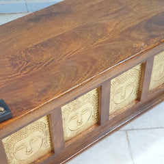 Indian Embossed Buddha Brass Work Solid Wood Blanket Box Coffee Table Chest