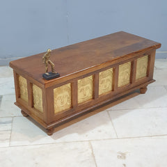Indian Embossed Buddha Brass Work Solid Wood Blanket Box Coffee Table Chest