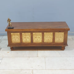 Indian Embossed Buddha Brass Work Solid Wood Blanket Box Coffee Table Chest