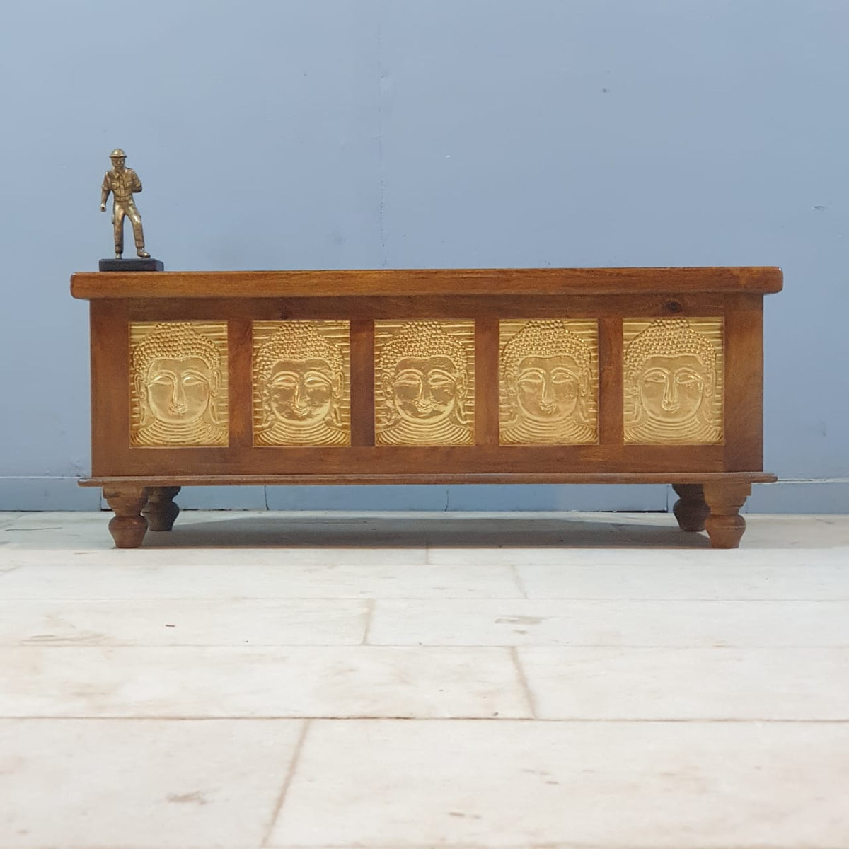 Indian Embossed Buddha Brass Work Solid Wood Blanket Box Coffee Table Chest